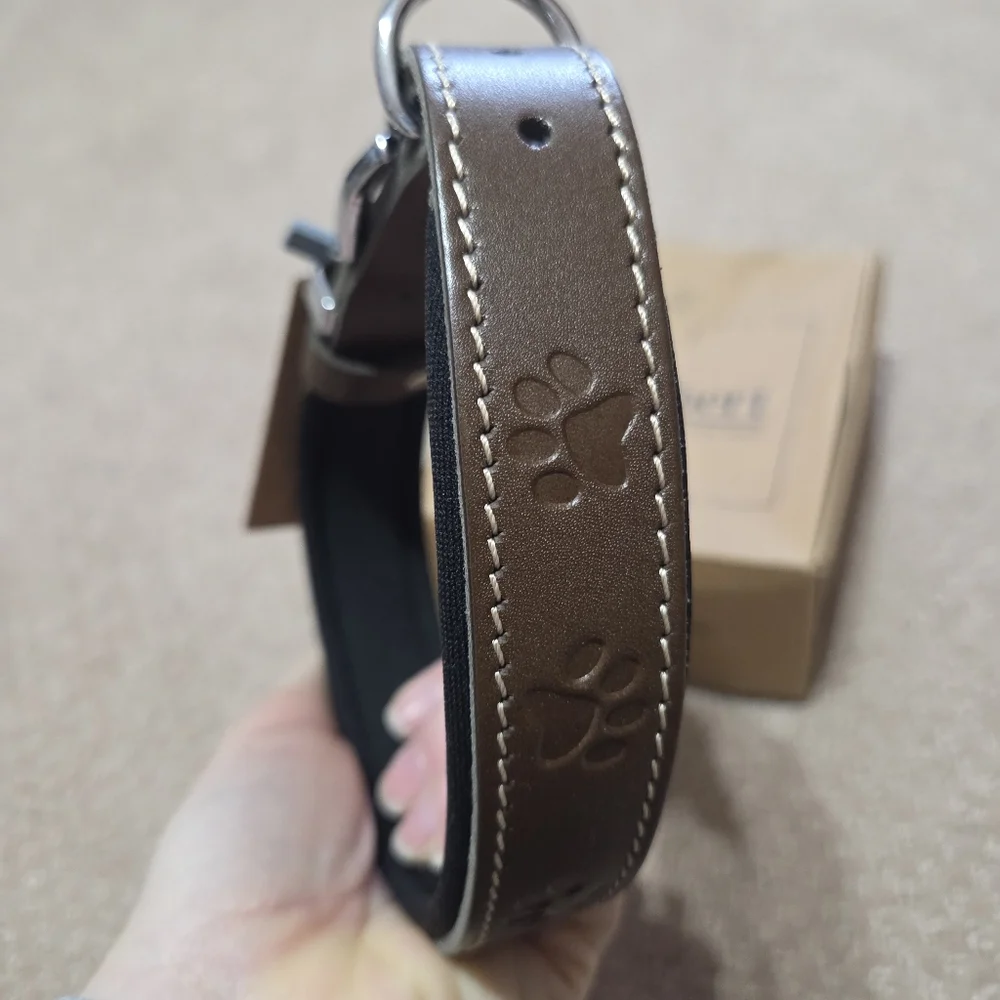 Filbert Pet Brown Leather Dog Collar Paw Prints‎ New Size Medium Brown